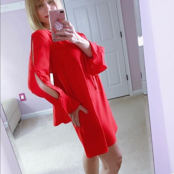 Design Lab Red Slit Long Sleeved Mini Dress Small - Picture 7 of 12